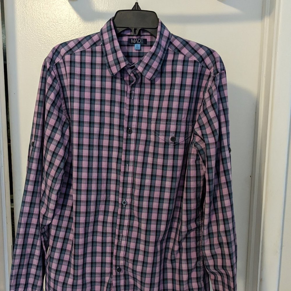 Long Sleeve Purple Button Plaid Dress Shirt